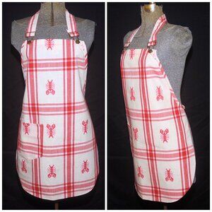 Vintage Lobster & Red Plaid Print Full Bib BBQ Apron Heavy Cotton w/ Pocket